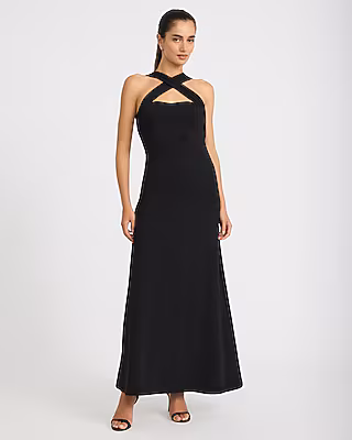 Mixed Media Crossover Halter Maxi Dress
