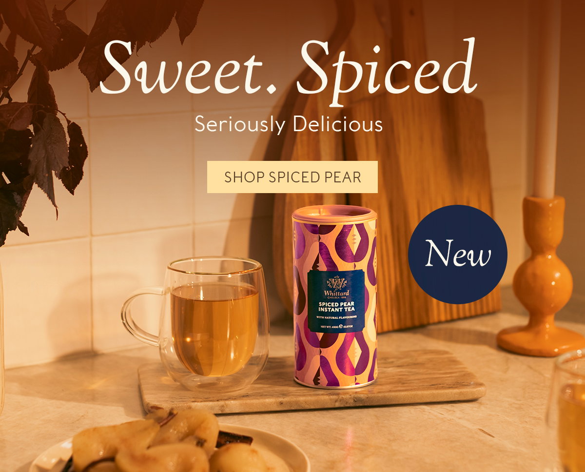 Image of spiced pear instant tea tub with made up drink and 'Sweet. Spiced. Seriously Delicious. and shop spiced pear CTA. 