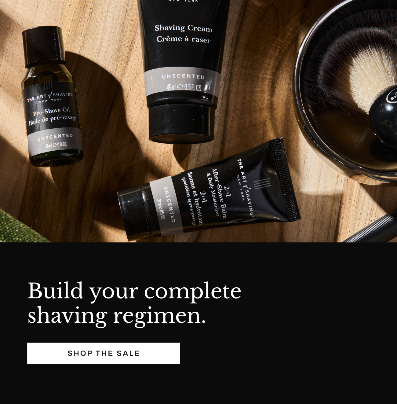 Product image of shaving essentials with “Shop the Sale” button.