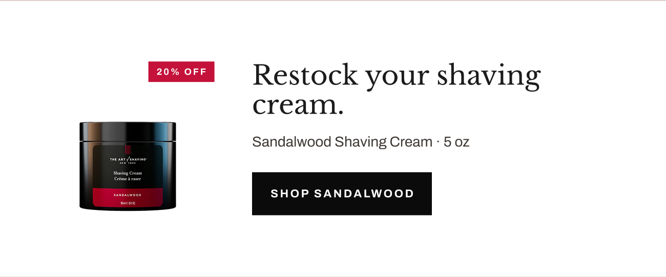 Product image of Sandalwood Shaving Cream with “Shop Sandalwood” button.