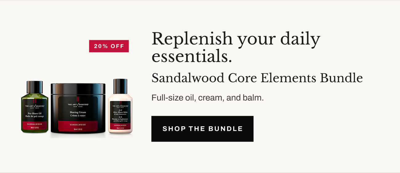 Product image of Sandalwood Core Elements Bundle with “Shop the Bundle” button.