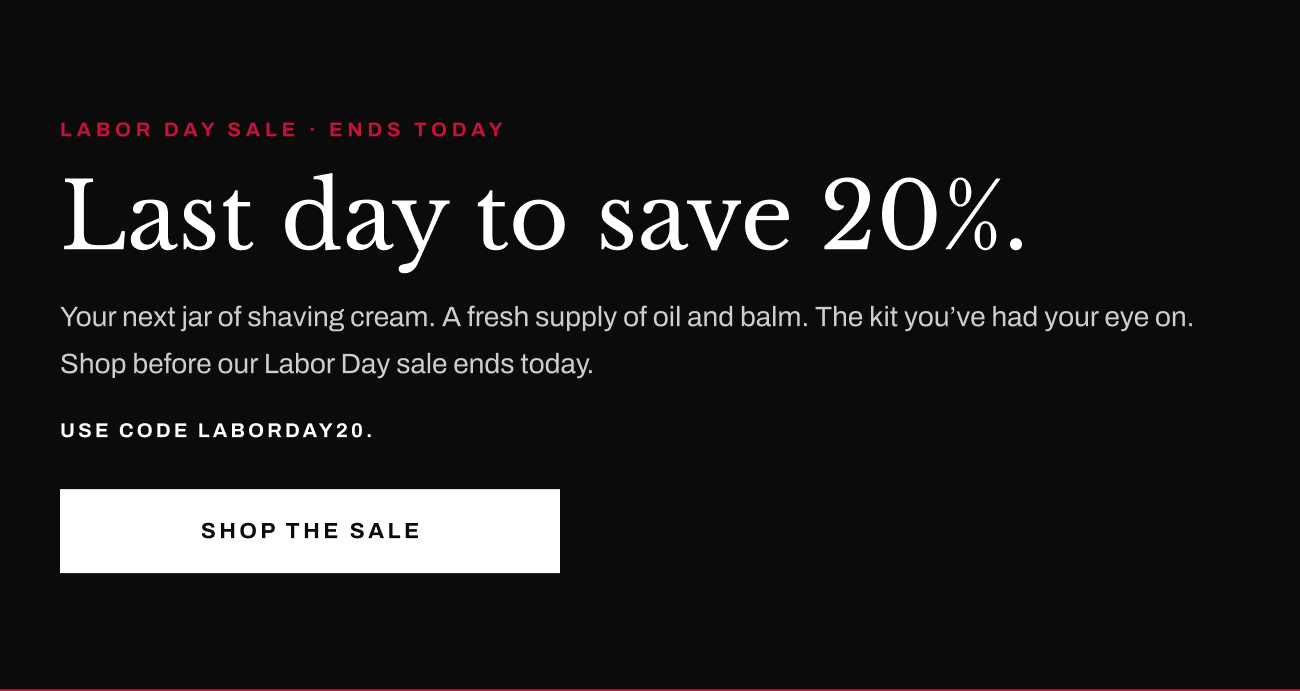 Header text, “Last day to save 20%.” with “Shop the Sale” button.