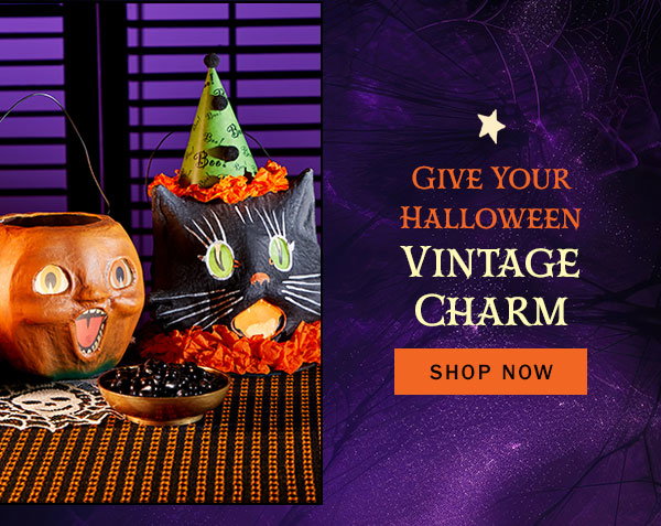 Give Your Halloween Vintage Charm. Shop Now. Jack-o'-Lantern Papier-Mache Halloween Bucket, Black Cat Papier-Mache Halloween Bucket
