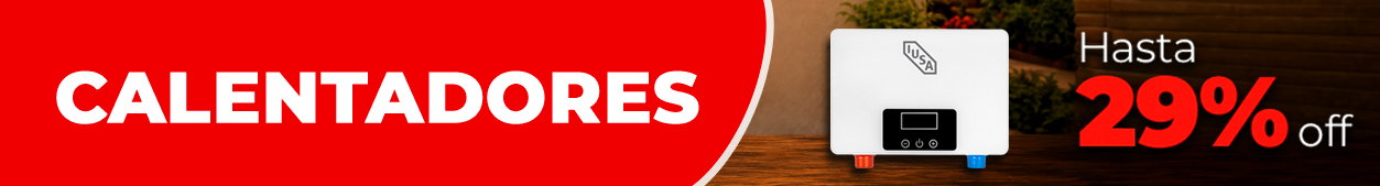 Tankless water heater on wooden counter with 'Calentadores' banner and up to 29% off sale