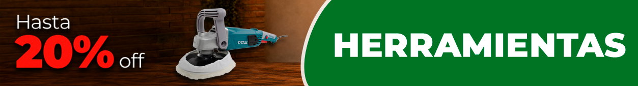 Power polisher on a wooden surface beside a green banner reading 'Herramientas' with text 'Up to 20% off'