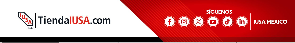 TiendaUSA.com header with IUSA 1939 logo left and red panel on right displaying 'Síguenos' and social media icons