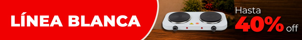 White goods sale banner showing a double electric hotplate on a wooden countertop — up to 40% off