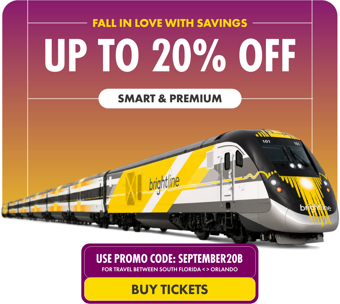 Promotional travel banner advertises savings of up to 20% off with the headline 'Fall in love with savings.' The design features split imagery of a tropical beach with lounge chairs and umbrellas and a city scene with a decorative street clock. A central label reads 'Smart & Premium,' and a purple bar highlights the text 'Use promo code: SEPTEMBER20B for travel between South Florida <> Orlando.' A yellow button at the bottom invites viewers to buy tickets.