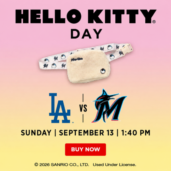 Promotional graphic for Hello Kitty Day features a beige Hello Kitty-themed crossbody bag with printed strap centered on a pink-to-yellow gradient background. Below the bag, the image highlights a baseball matchup between LA and Miami Marlins with their team marks. Event details show Sunday, September 13 at 1:40 PM, encouraging viewers to buy tickets now. Additional fine print notes 2026 SANRIO CO., LTD. and that the content is used under license.