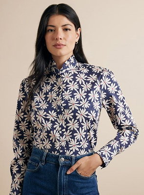 Semi-Fitted Navy & White Floral Frill Boutique Shirt