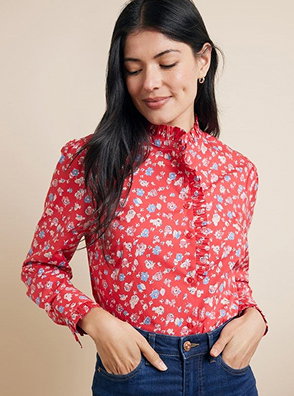 Semi-Fitted Red & Blue Floral Frill Boutique Shirt