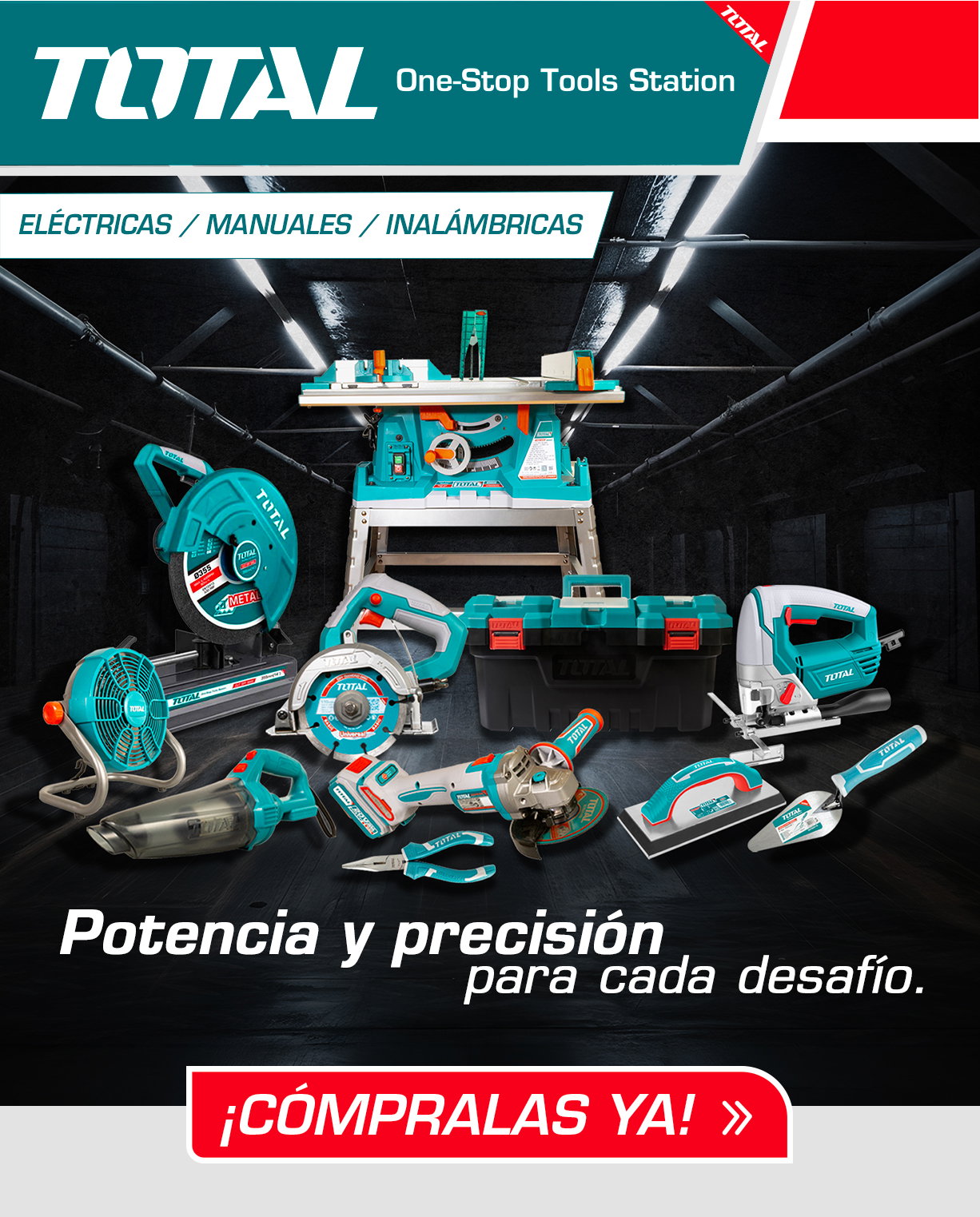 Promotional image of TOTAL power tools and toolbox in teal (electric, manual, cordless) with Spanish tagline ‘Potencia y precisión’