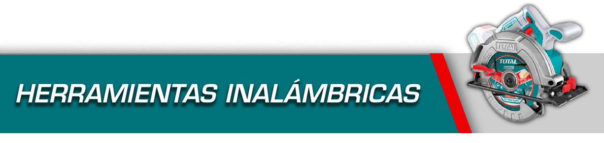 Banner with Spanish text 'HERRAMIENTAS INALÁMBRICAS' on a teal panel featuring a cordless circular saw