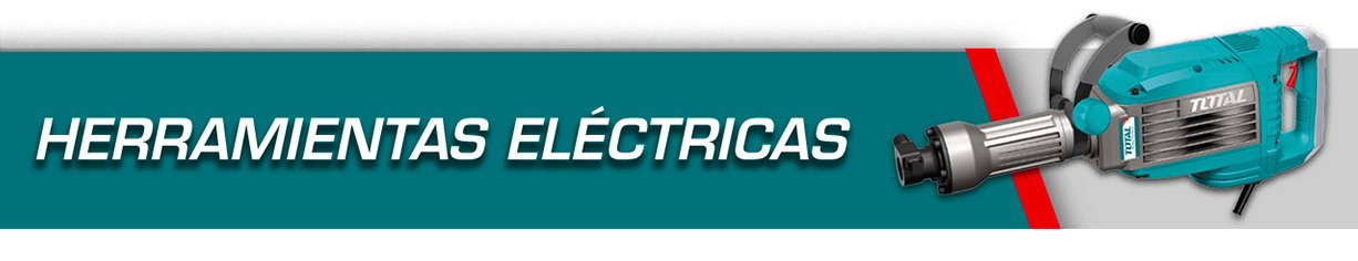 Banner with Spanish text 'Herramientas Eléctricas' and a teal electric angle grinder power tool on a white background