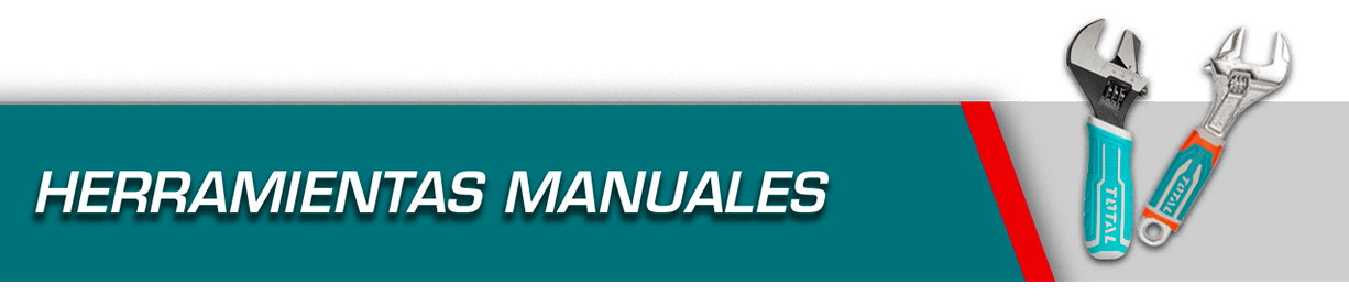 Banner showing teal panel with Spanish text 'HERRAMIENTAS MANUALES' and two adjustable wrenches on a grey background