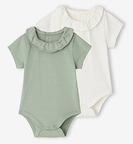 Pack of 2 Short-Sleeved Bodysuits with Fancy Collar, for Babies - sage green