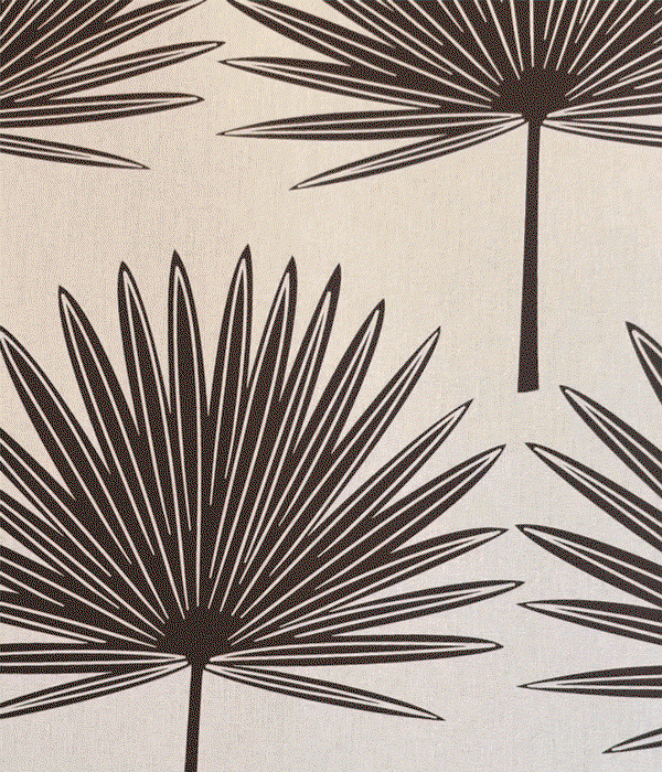 Gif Image showing Tempaper's Stamped Palm wallpaper in cocoa being applied toa wall. 
