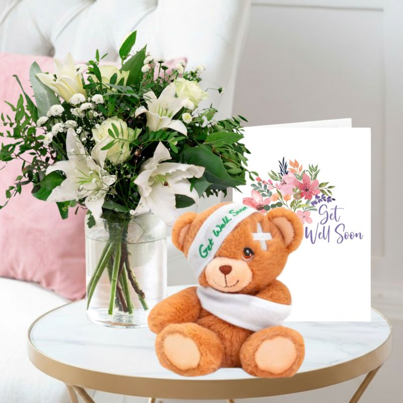 Image of Blissful White, Vase, Keels Get Well soon Bear  & Get Well Card