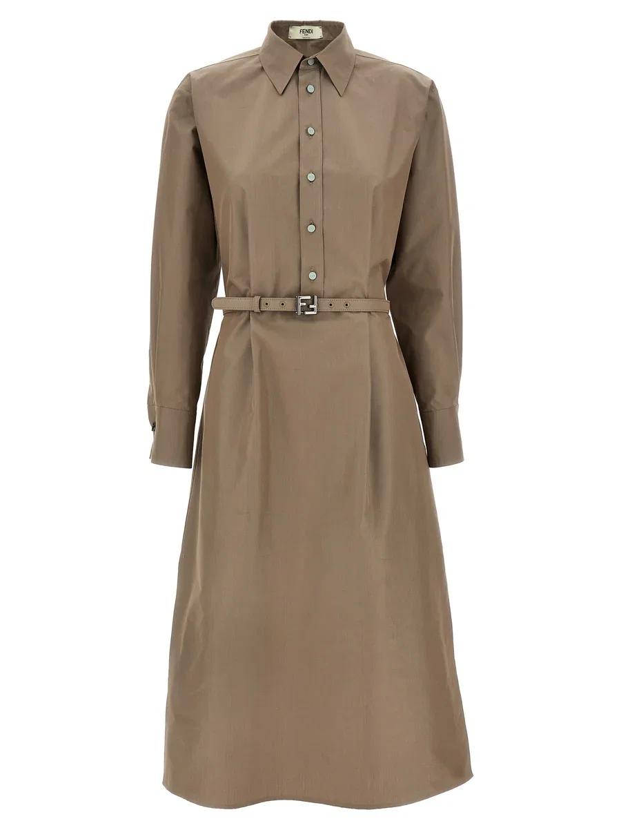 Fendi FF Buckle Belt Shirt Dress Gray