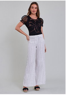 Striped Wide-Leg Linen Pant with Button Detail