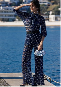 Blue and White Polka Dot Sheer Mesh Pant