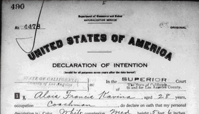 A black and white image of a "Declaration of Intention" document for U.S. citizenship. The document includes personal details such as the name Alois Francis Kavin, occupation coachman, age 28, and physical description.