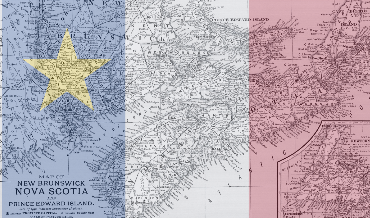 Map of New Brunswick, Nova Scotia, and Prince Edward Island overlaid with the Acadian flag colors—blue, white, red—and a yellow star on the blue stripe.