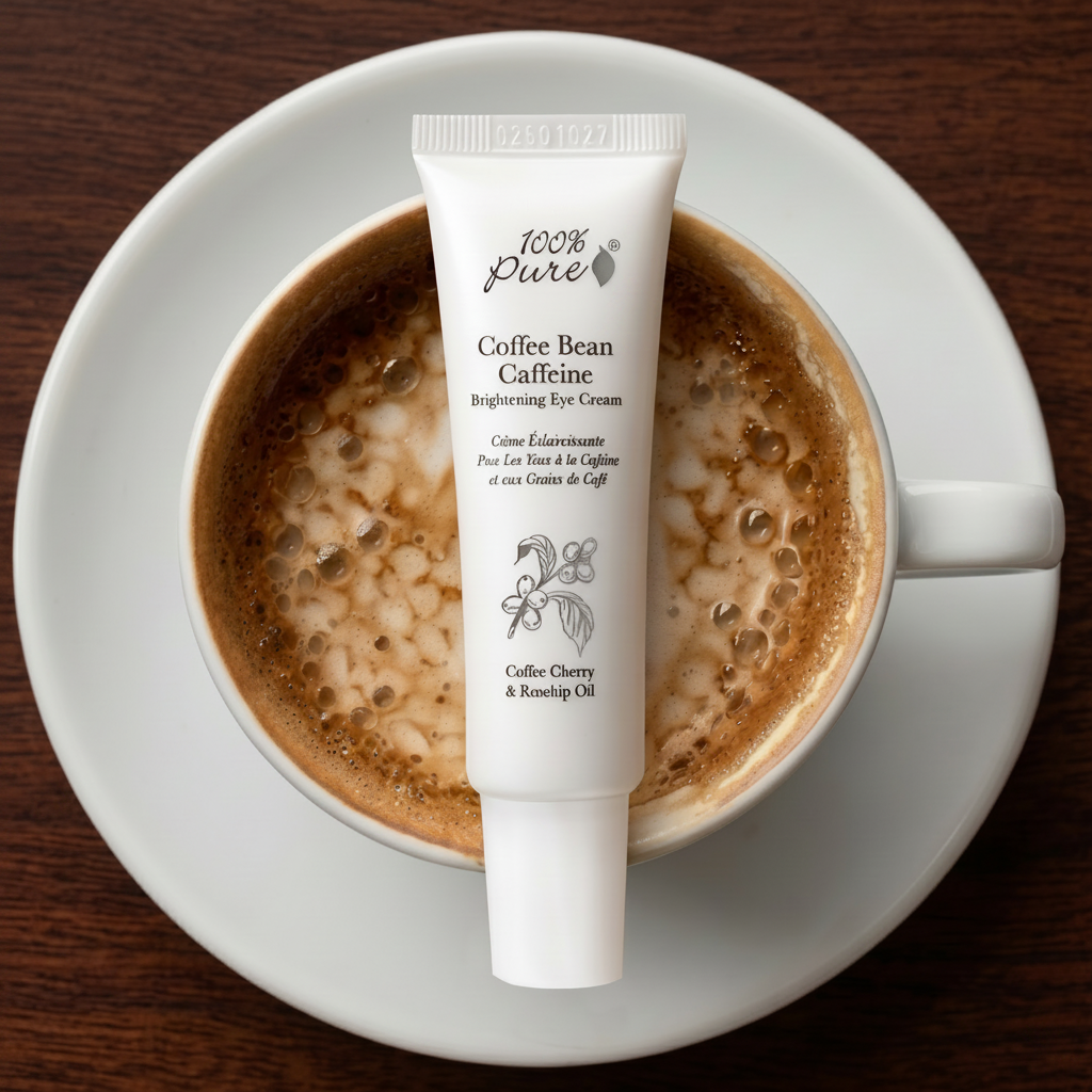 A tube of 100% Pure Coffee Bean Caffeine Brightening Eye Cream rests on a coffee cup.