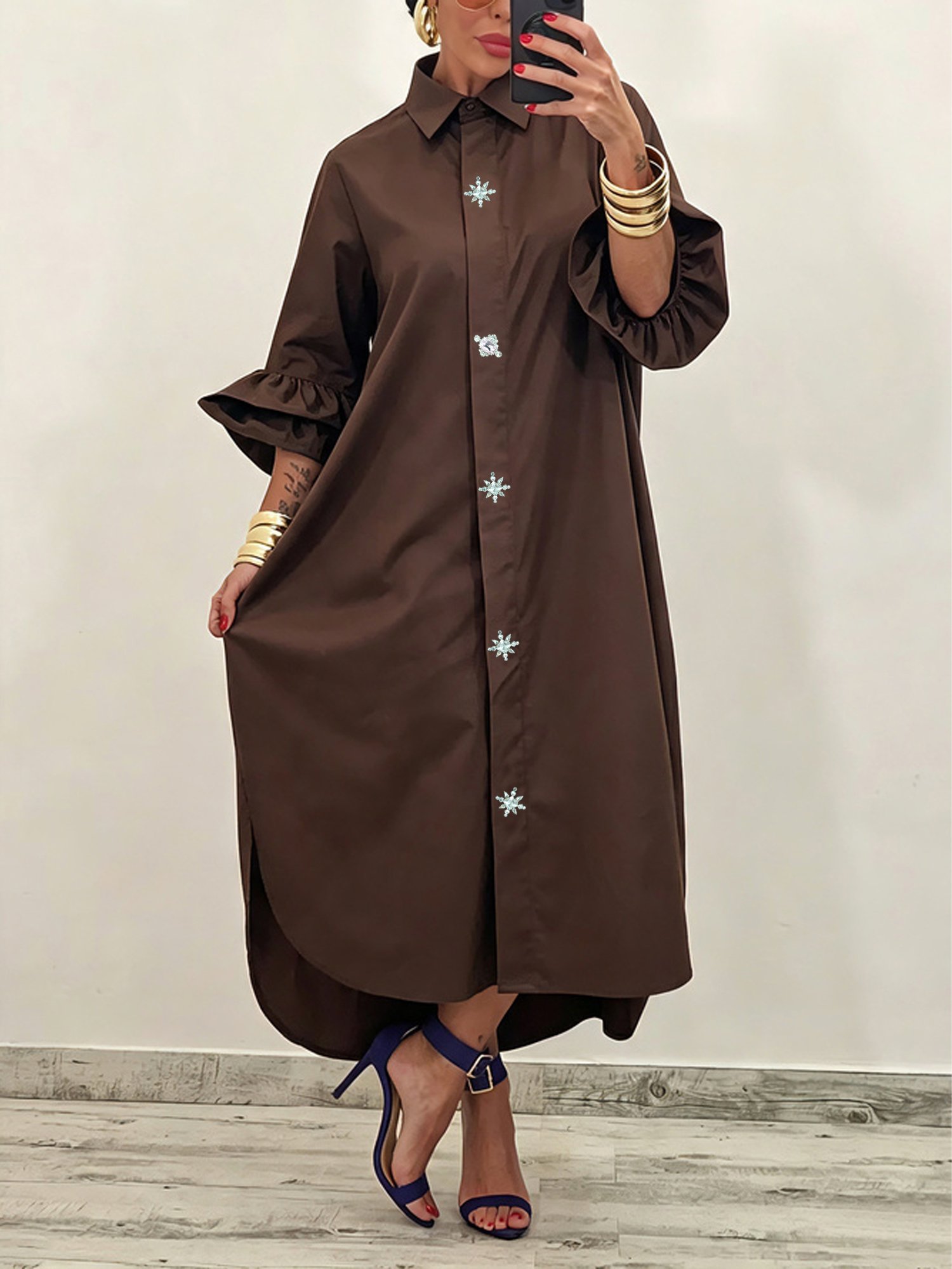 Cotton Casual Solid Loose 3/4 Bell Sleeve Maxi Shirt Dress with Pockets