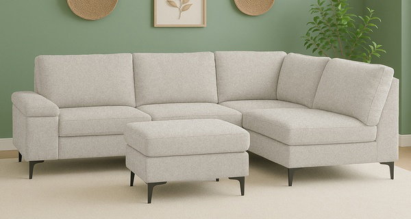 Canapé d'angle 4/5 places en tissu chenille avec pouf