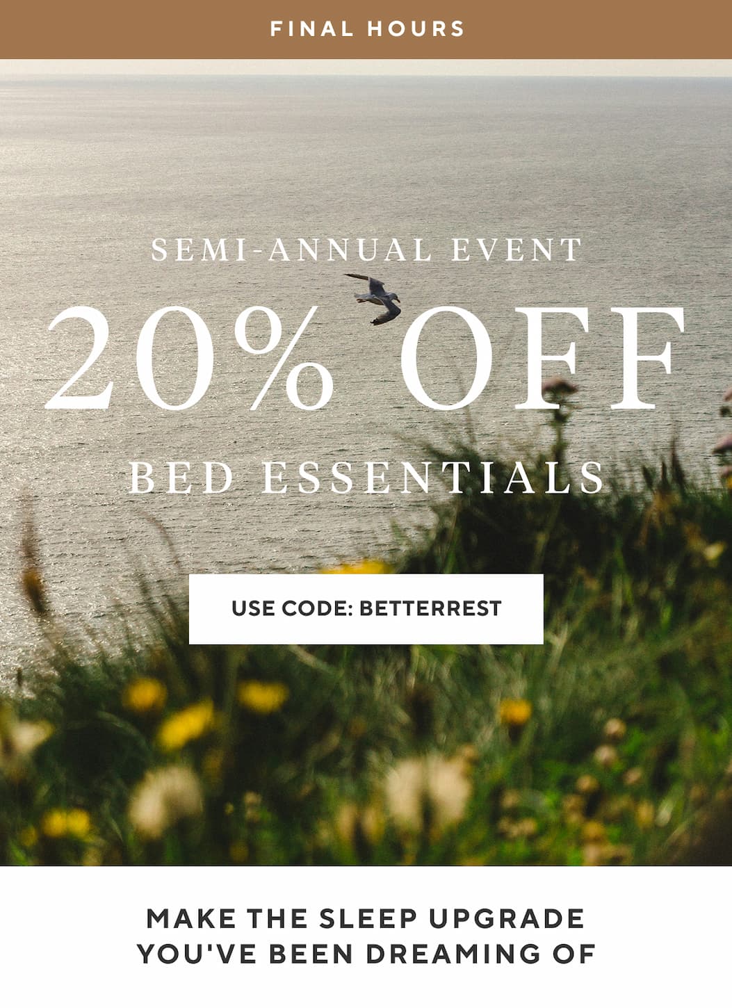 Final Hours Semi-Annual Event 20% OFF Bed Essentials Use Code BETTERREST >  MAKE THE SLEEP UPGRADE YOU'VE BEEN DREAMING OF