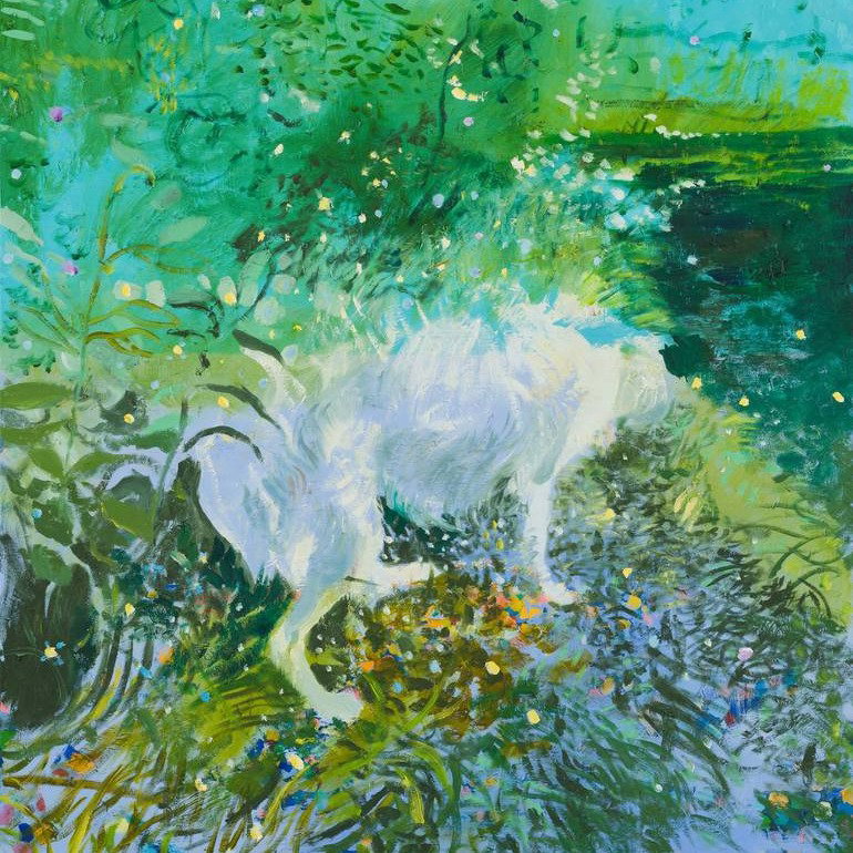 dog getting out of water painting abstract