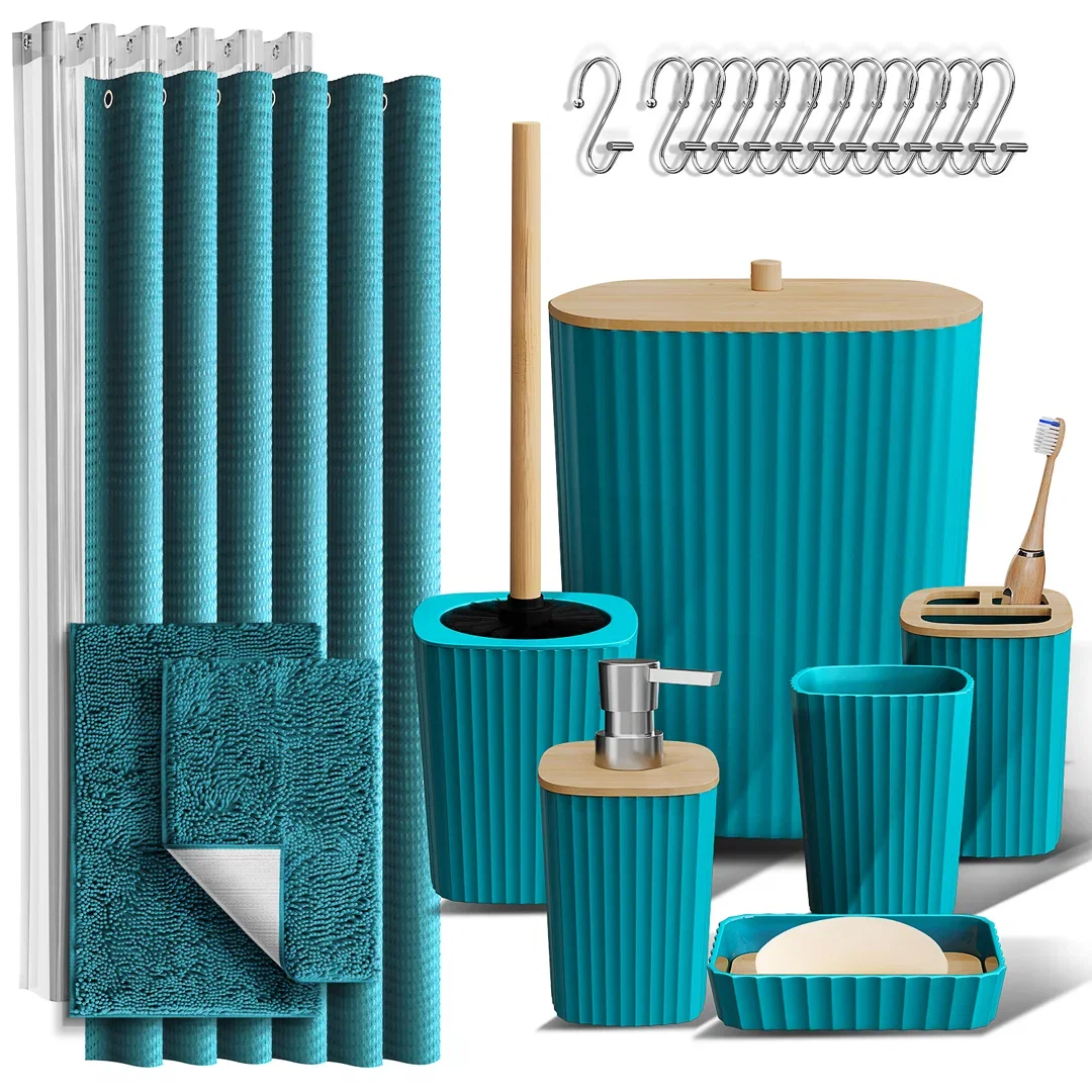 Complete 22 Piece Bathroom Accessory Set with Bath Rugs, Shower Curtain Set, Liner, and Hooks