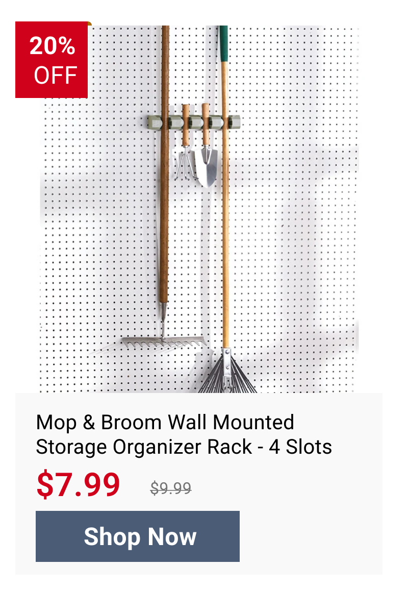 Mop & Broom Wall Mounted Storage Organizer Rack - 4 Slots