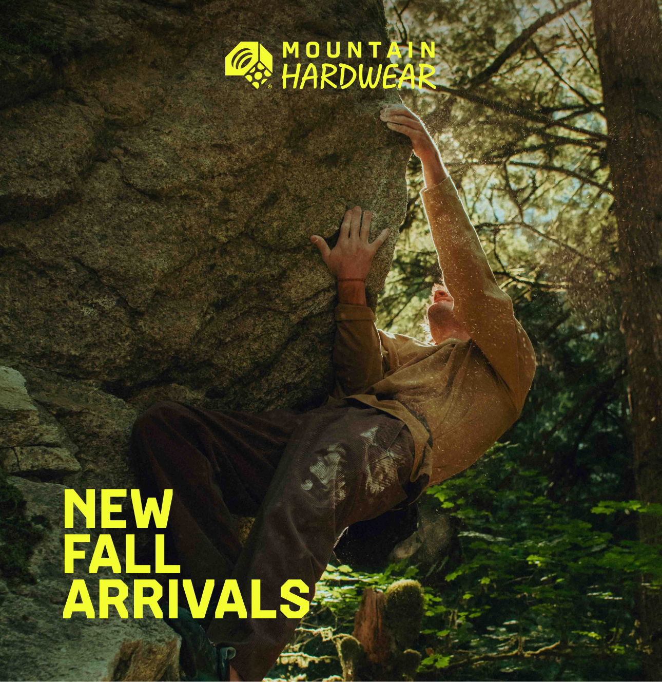 NEW FALL ARRIVALS. Someone bouldering in new MHW gear.