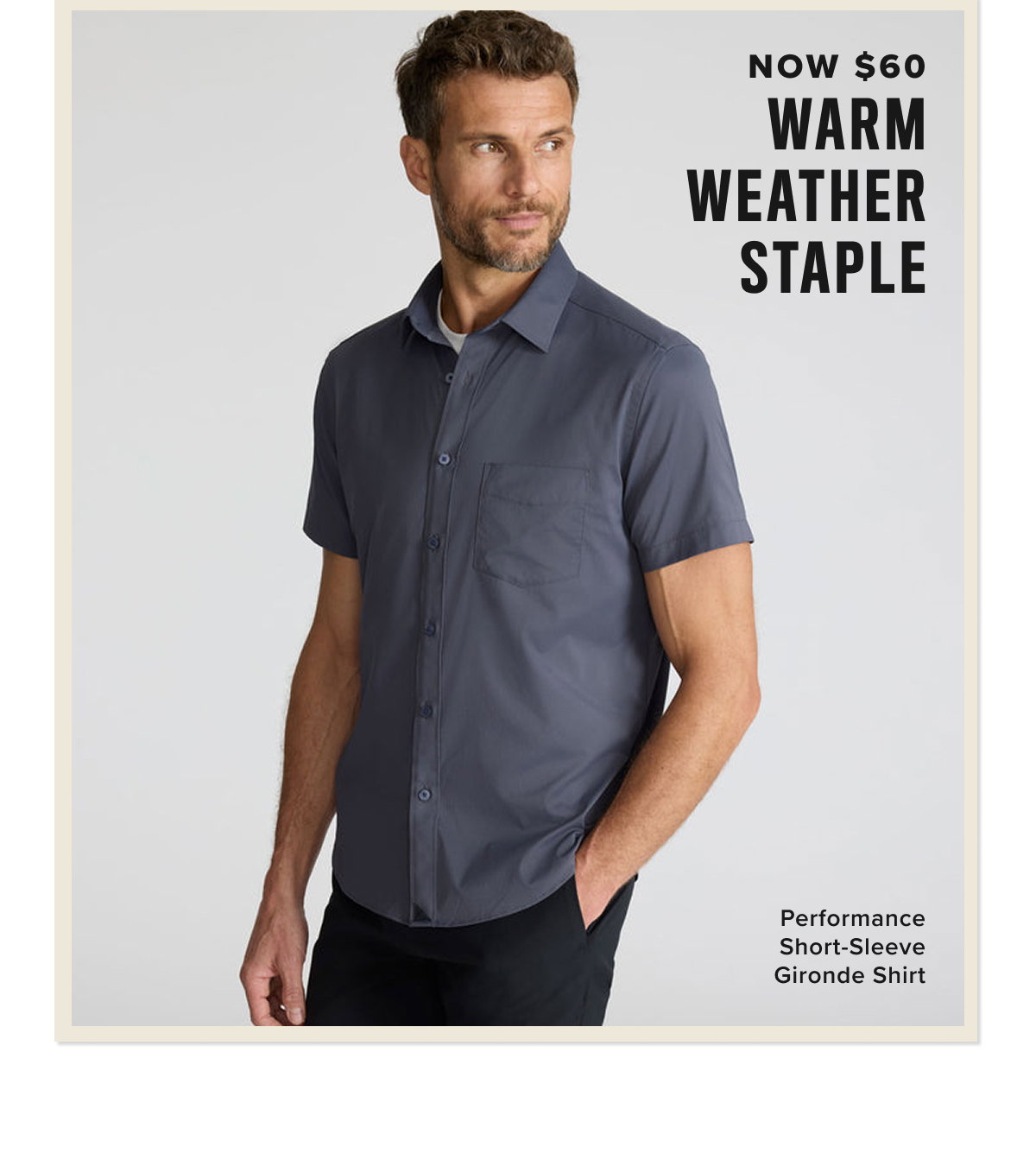 Model is wearing grey button down