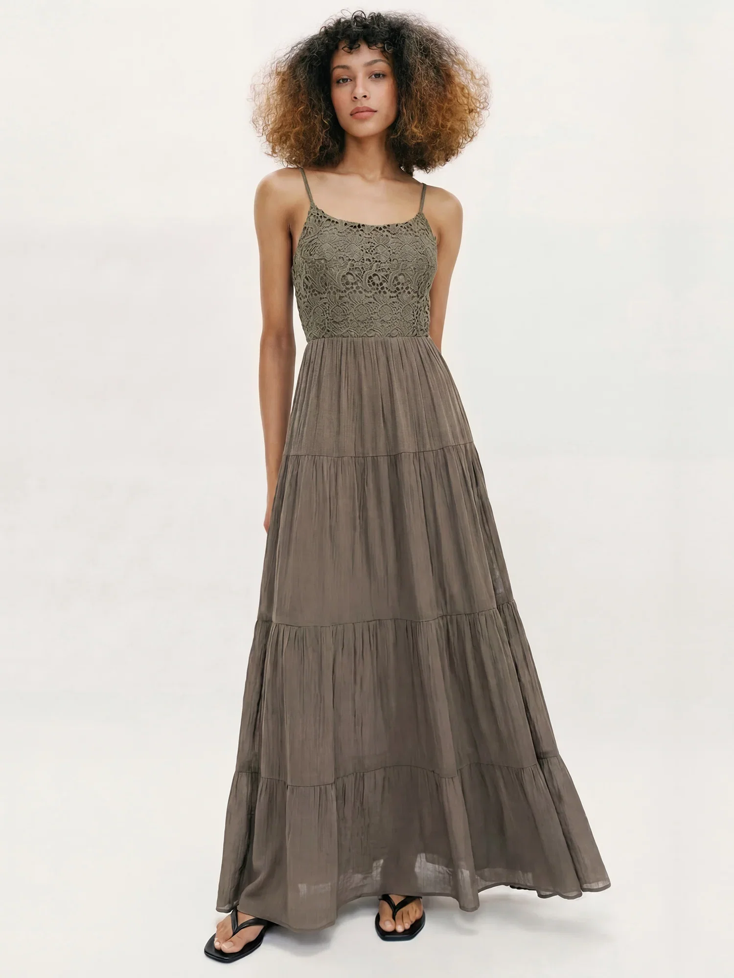 Image of Sleeveless Lace Bodice Tiered Cotton Maxi Dress