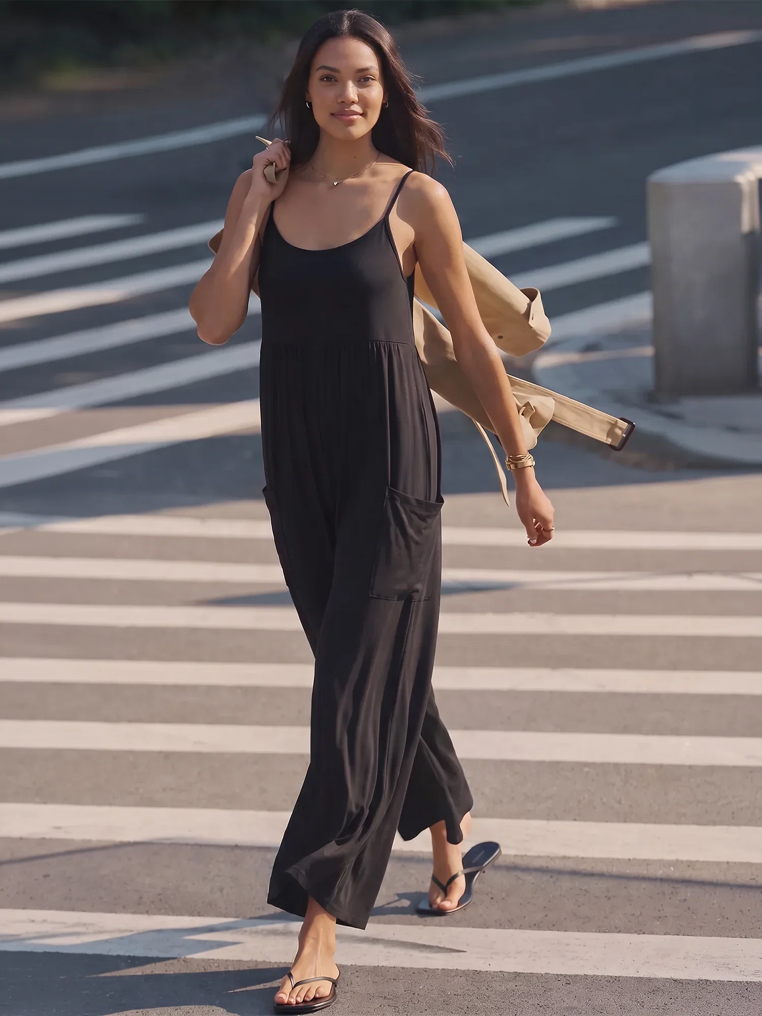 Image of Sleeveless Knit Two Pocket Wide Leg Casual Jumpsuit