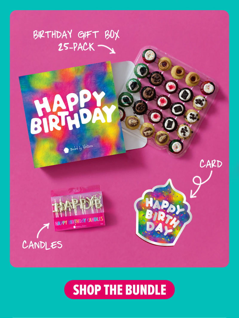 Ultimate Birthday Gift Bundle: Birthday gift box cupcake 25-Pack, a card, and candles. Shop the bundle!