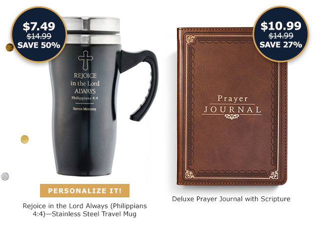 Rejoice in the Lord Always Stainless Steel Travel Mug | Deluxe Prayer Journal with Scripture