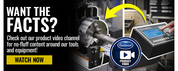 Product video promotion featuring metalworking equipment and a Watch Now button.