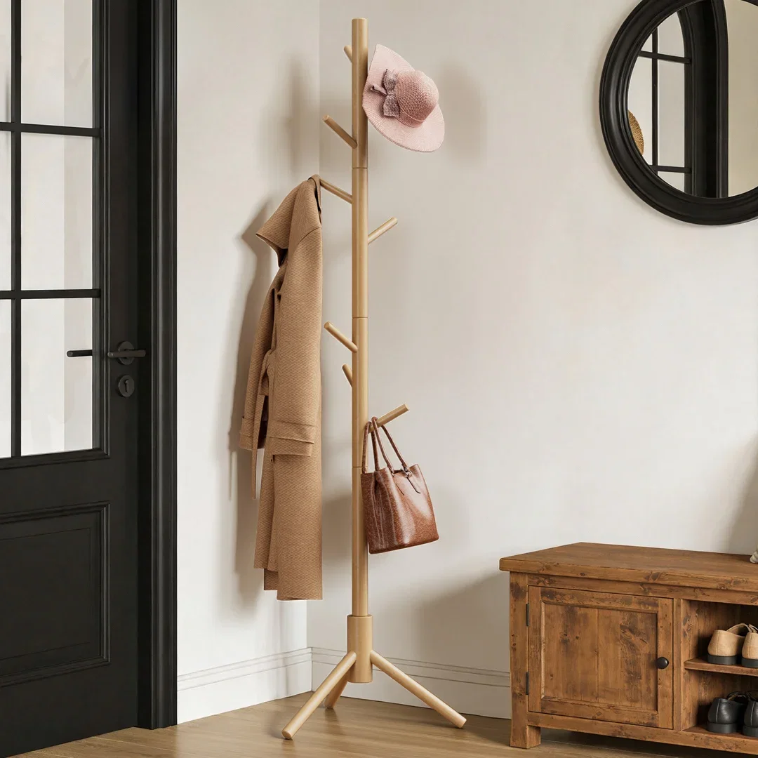 Adosinda Freestanding Coat Rack,Sturdy Wooden Coat Stand, 8- Hook Coat Rack,3 Height Options,Used in Bedroom,Hallway and Entryway,for Storing Coats, Hats,Bags,Umbrella Stand and Coat Hooks