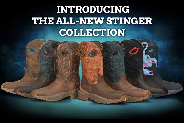 Introducing the all-new stinger collection. Stinger boots lined up on a blue background. Shop the stinger collection.