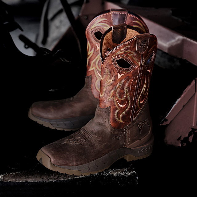 A pair of stinger boots in brown.