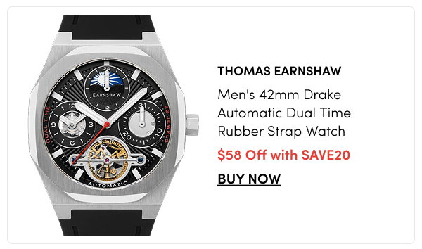 ES-8315-01 Thomas Earnshaw Men's 42mm Drake Automatic Dual Time Rubber Strap Watch – $58 Off with SAVE20