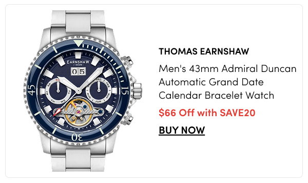 ES-8312-44 Thomas Earnshaw Men's 43mm Admiral Duncan Automatic Grand Date Calendar Silvertone Bracelet Watch – $66 Off with SAVE20