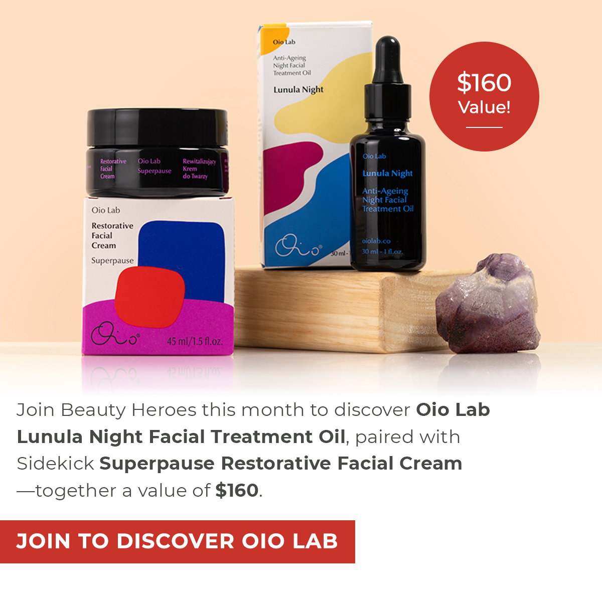 Join Beauty Heroes this month to discover Oio Lab Lunula Night Facial Treatment Oil, paired with Sidekick Superpause Restorative Facial Cream—together a value of $160. 