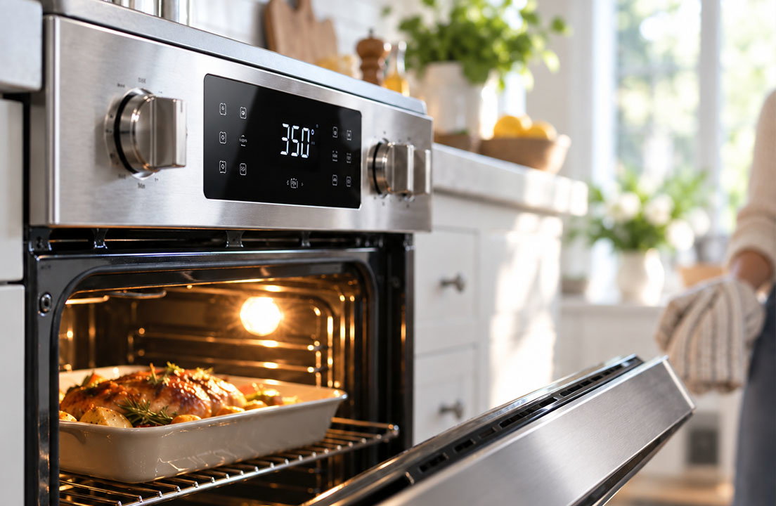 Open oven displays a 350 degree setting while a meal cooks inside