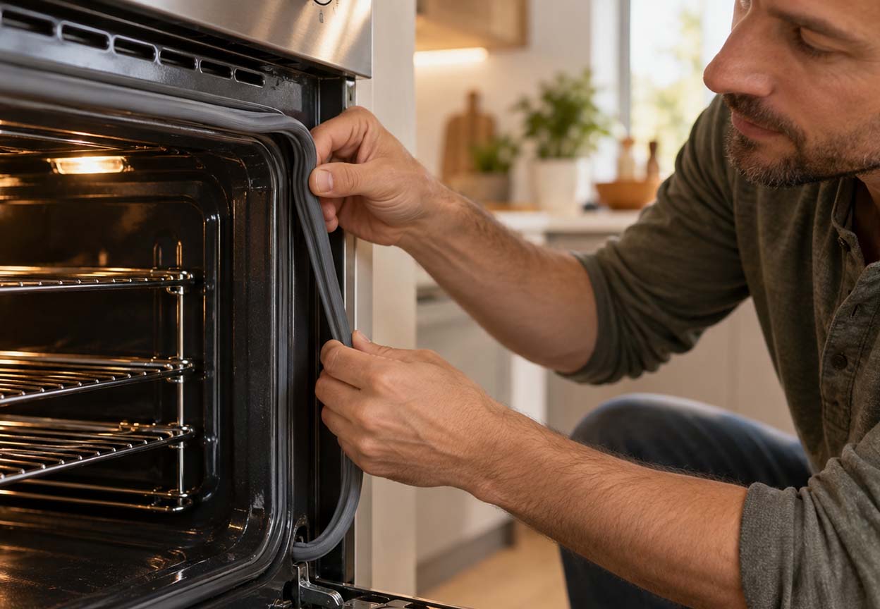 Man replaces the rubber gasket around the edge of an open oven