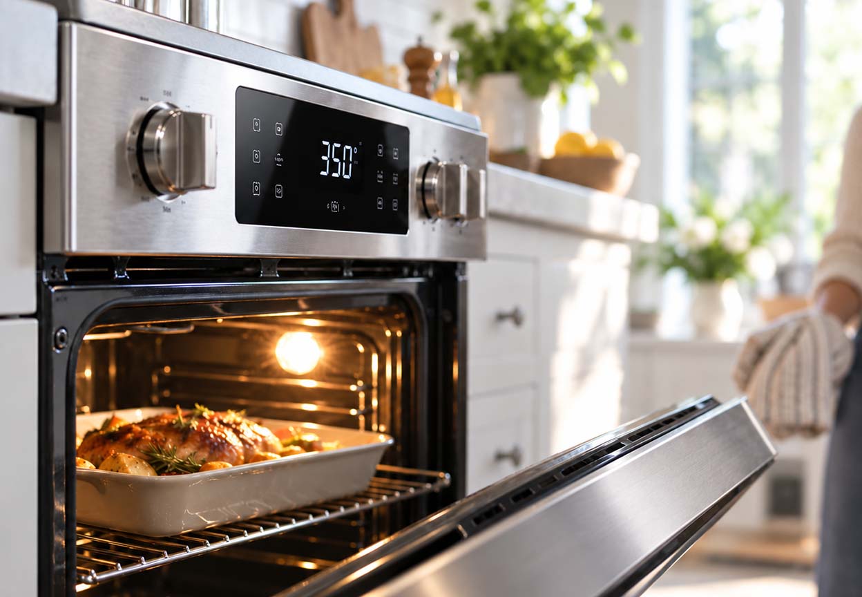 Open oven displays a 350 degree setting while a meal cooks inside